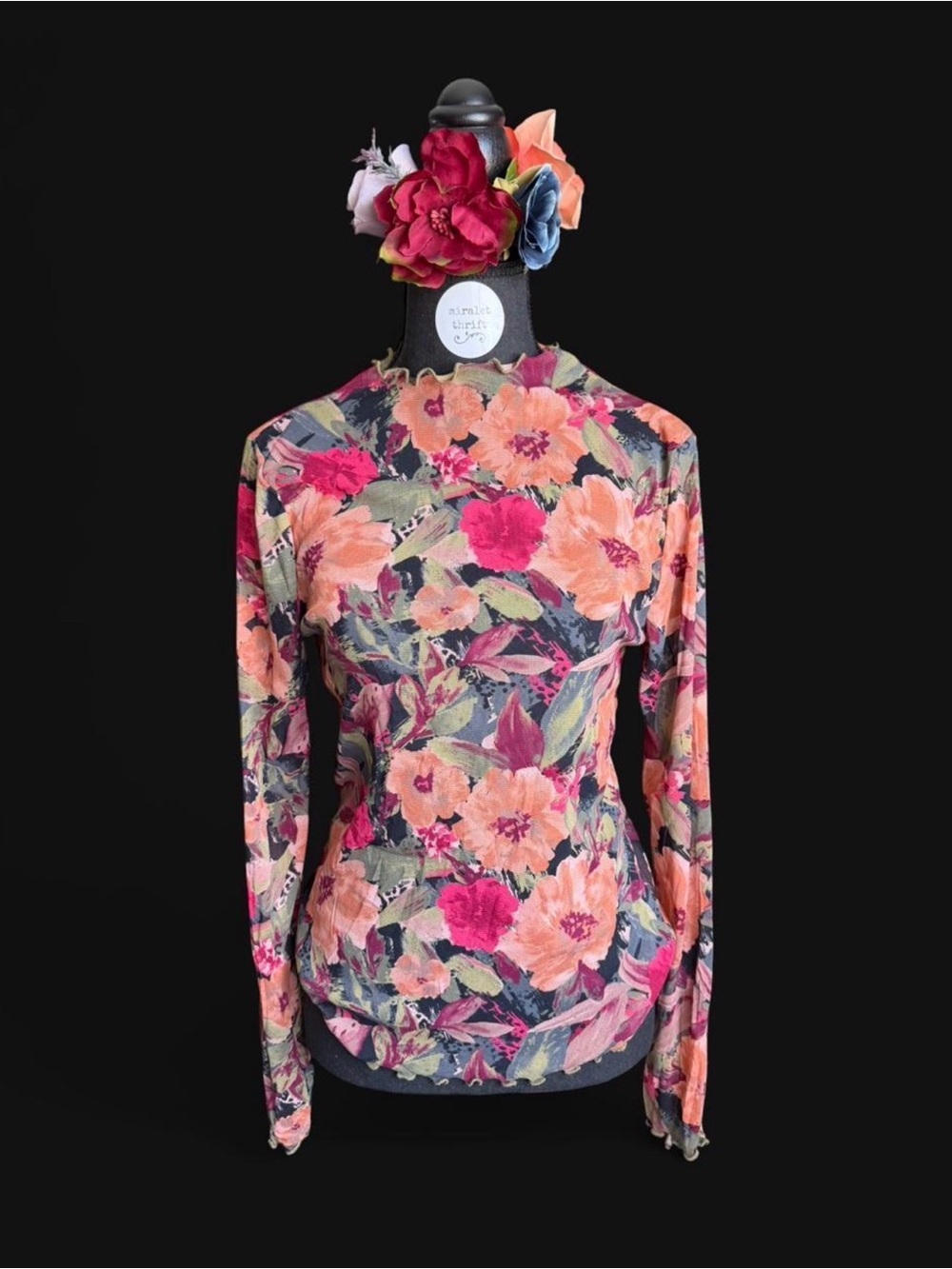 Floral Long-Sleeve mesh Crewneck Top - Pink Multi